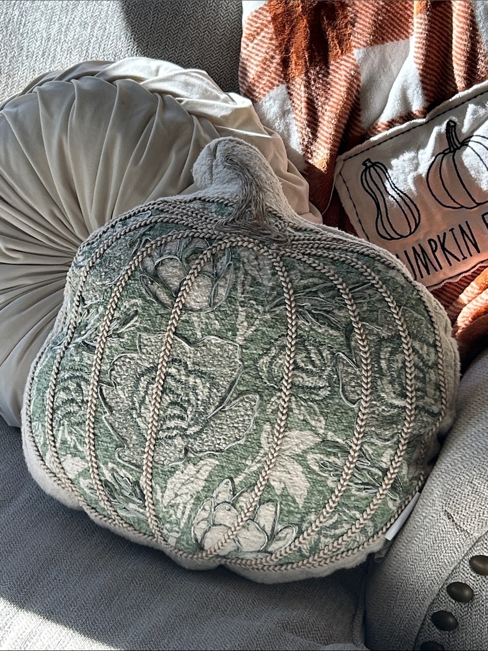 NEW! Vintage Inspired Fall Autumn Harvest Green Floral Pumpkin Throw Pillow